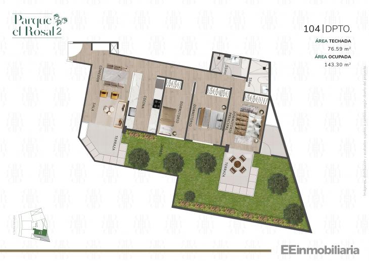 Plano del modelo Dpto 104 del proyecto Parque El Rosal 2 en Santiago De Surco