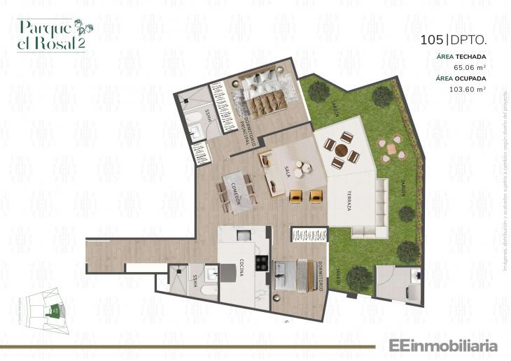 Plano del modelo Dpto 105 del proyecto Parque El Rosal 2 en Santiago De Surco