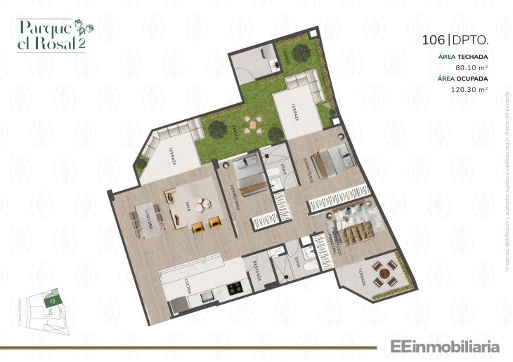 Plano del modelo Dpto 106 del proyecto Parque El Rosal 2 en Santiago De Surco