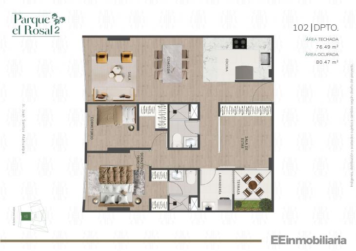 Plano del modelo Dpto 102 del proyecto Parque El Rosal 2 en Santiago De Surco