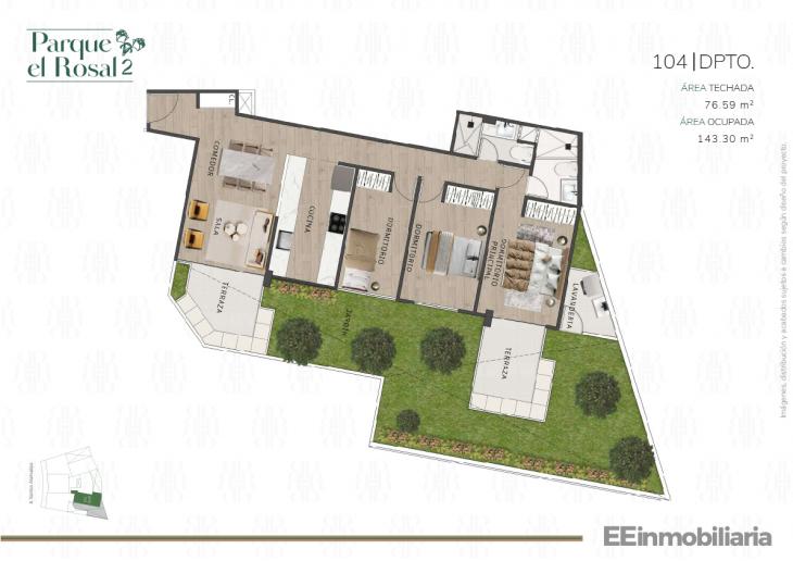 Plano del modelo Dpto 104 del proyecto Parque El Rosal 2 en Santiago De Surco