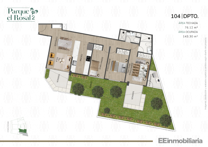 Plano del modelo Dpto 104 del proyecto Parque El Rosal 2 en Santiago De Surco