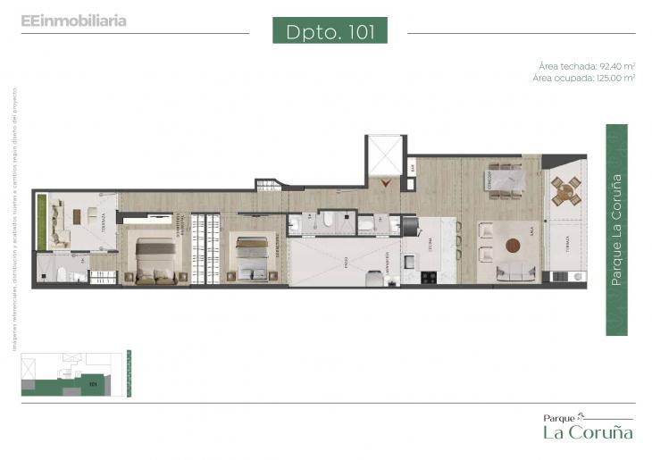 Plano del modelo Dpto. 101 del proyecto Parque La Coruña en Santiago De Surco