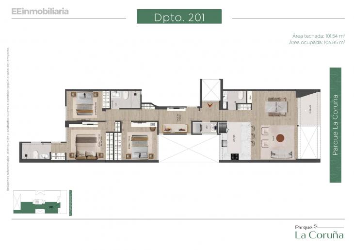 Plano del modelo Dpto. 201 del proyecto Parque La Coruña en Santiago De Surco