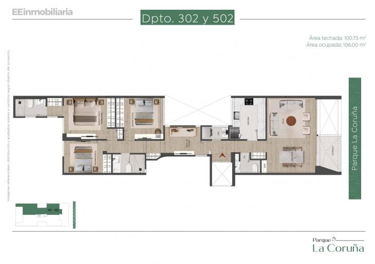 Plano del modelo Dpto. 302 del proyecto Parque La Coruña en Santiago De Surco