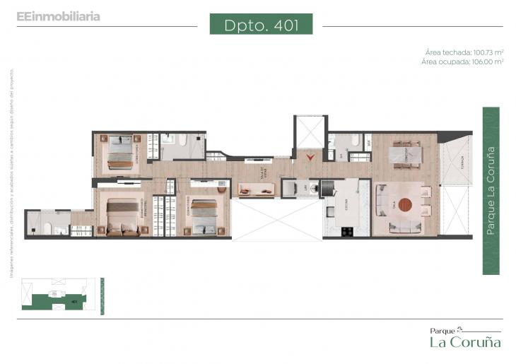 Plano del modelo Dpto. 401 del proyecto Parque La Coruña en Santiago De Surco