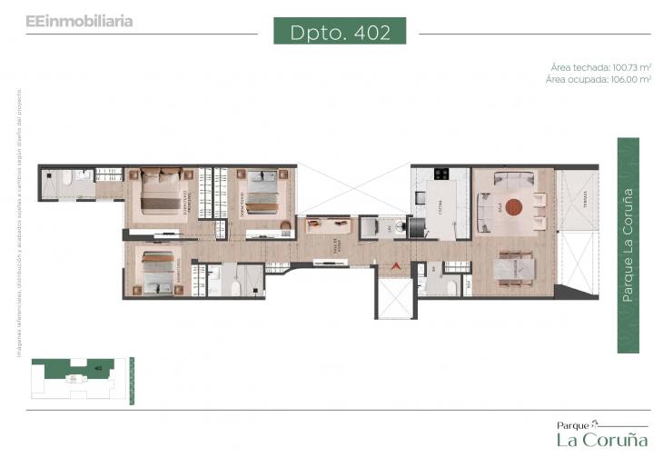 Plano del modelo Dpto. 402 del proyecto Parque La Coruña en Santiago De Surco