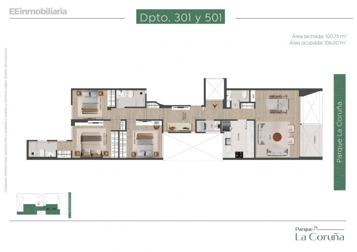 Plano del modelo Dpto. 501 del proyecto Parque La Coruña en Santiago De Surco