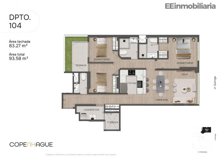 Plano del modelo Dpto 104 del proyecto Copenhague en Santiago De Surco