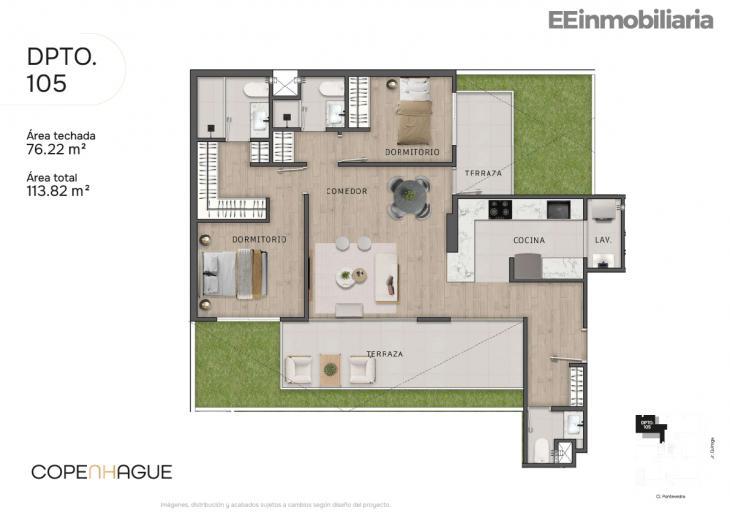 Plano del modelo Dpto 105 del proyecto Copenhague en Santiago De Surco