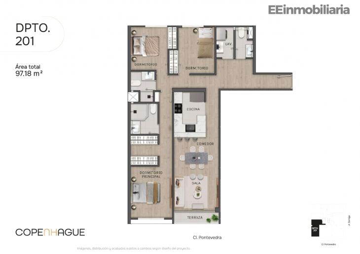 Plano del modelo Dpto 201 del proyecto Copenhague en Santiago De Surco