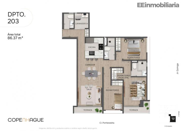 Plano del modelo Dpto 203 del proyecto Copenhague en Santiago De Surco