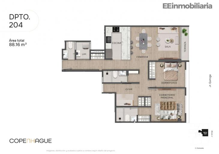 Plano del modelo Dpto 204 del proyecto Copenhague en Santiago De Surco