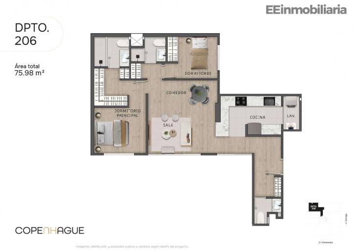 Plano del modelo Dpto 206 del proyecto Copenhague en Santiago De Surco