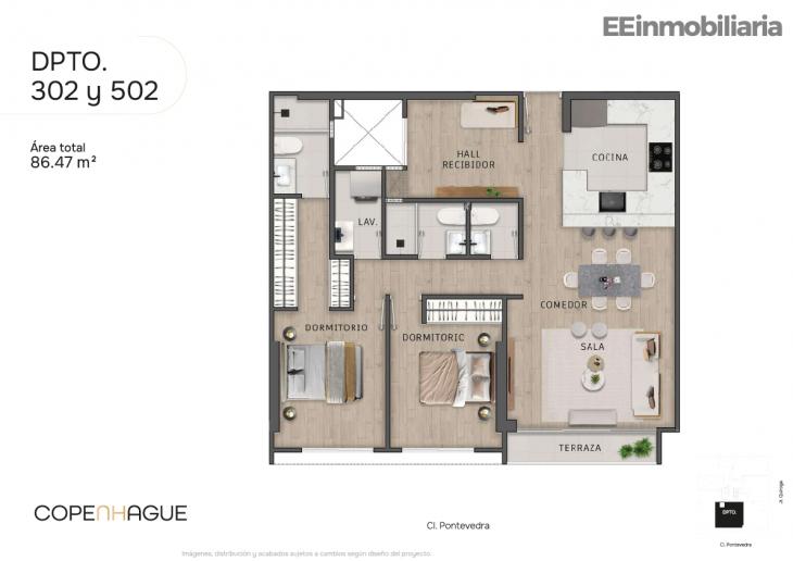 Plano del modelo Típico 2-A del proyecto Copenhague en Santiago De Surco