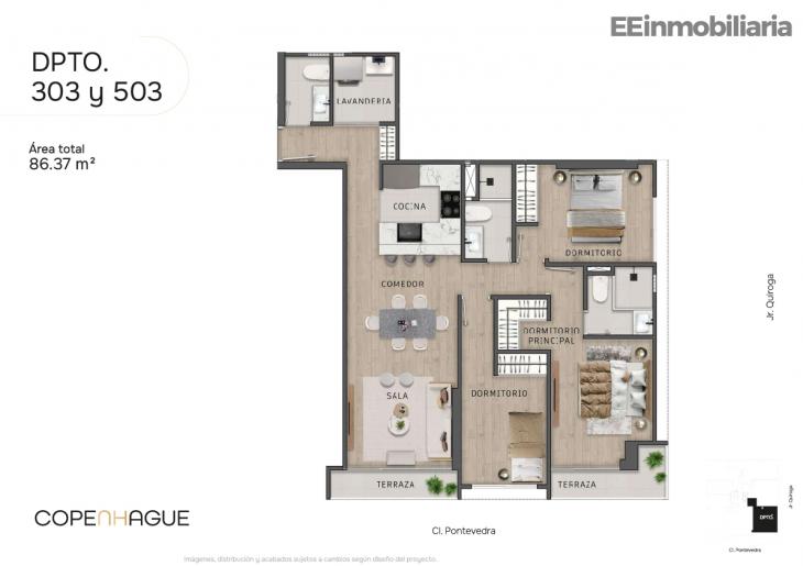 Plano del modelo Típico 3-A del proyecto Copenhague en Santiago De Surco