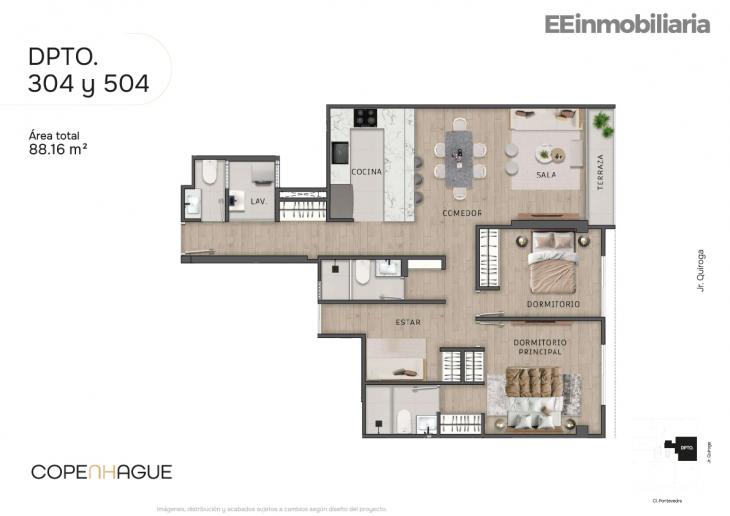 Plano del modelo Típico 4-A del proyecto Copenhague en Santiago De Surco