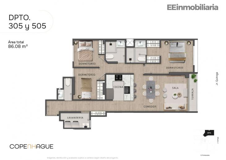 Plano del modelo Típico 5-A del proyecto Copenhague en Santiago De Surco