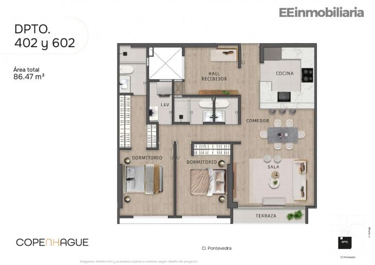 Plano del modelo Típico 2-B del proyecto Copenhague en Santiago De Surco