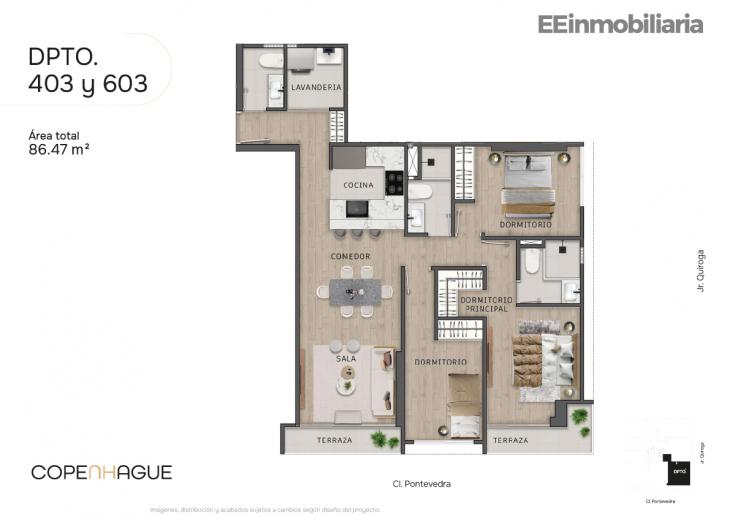 Plano del modelo Típico 3-B del proyecto Copenhague en Santiago De Surco