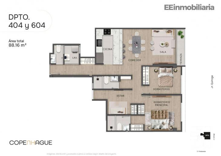 Plano del modelo Típico 4-B del proyecto Copenhague en Santiago De Surco