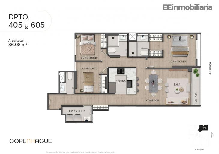 Plano del modelo Típico 5-B del proyecto Copenhague en Santiago De Surco