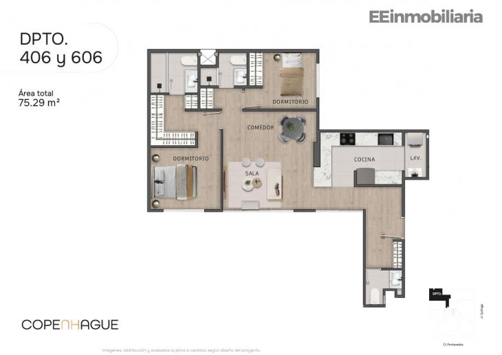 Plano del modelo Típico 6-A del proyecto Copenhague en Santiago De Surco