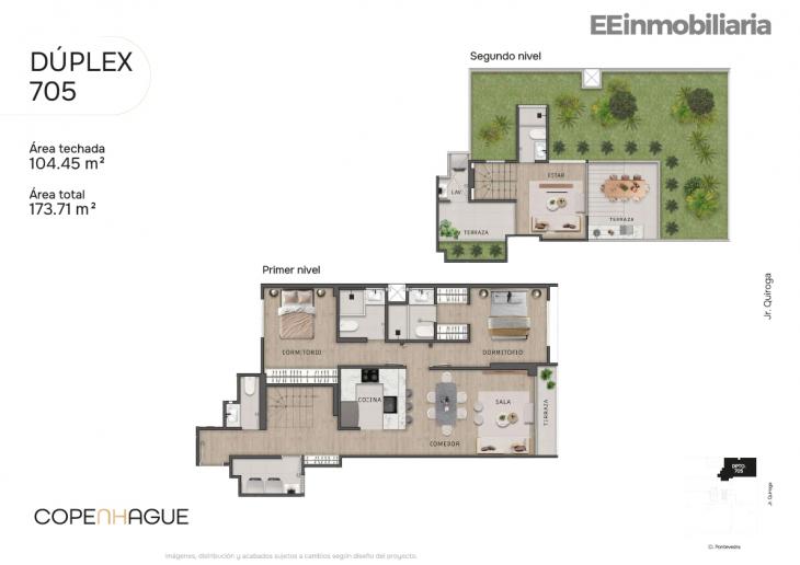 Plano del modelo Dúplex 705 del proyecto Copenhague en Santiago De Surco