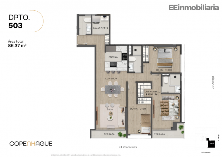 Plano del modelo Típico 3-A del proyecto Copenhague en Santiago De Surco
