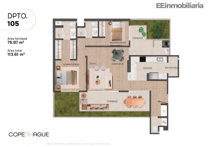 Plano del modelo Dpto 105 del proyecto Copenhague en Santiago De Surco