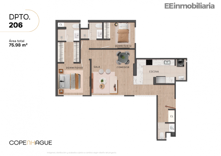 Plano del modelo Dpto 206 del proyecto Copenhague en Santiago De Surco