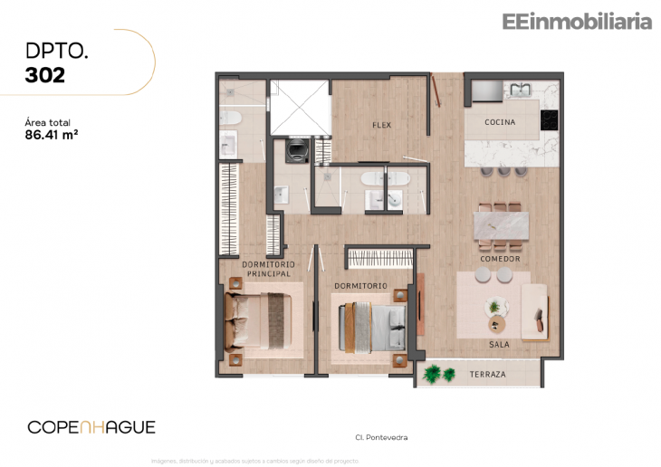 Plano del modelo Típico 2-A del proyecto Copenhague en Santiago De Surco