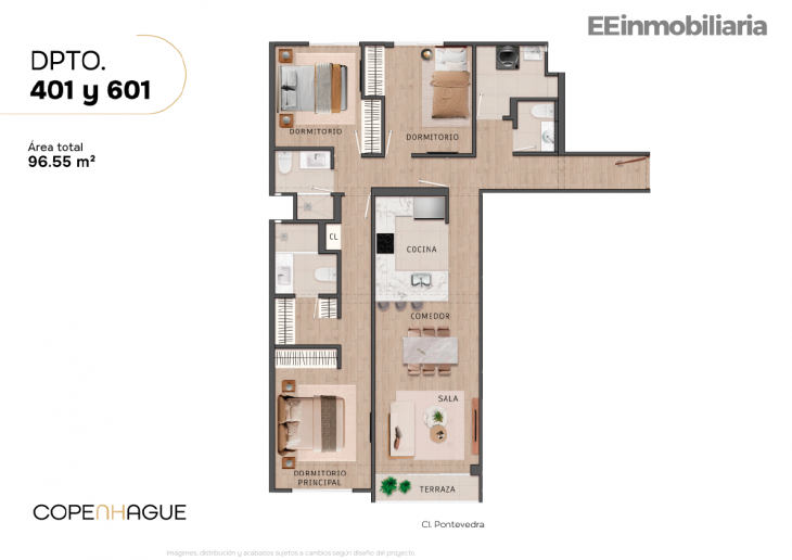 Plano del modelo Típico 1-B del proyecto Copenhague en Santiago De Surco