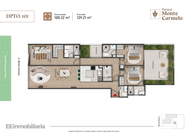Plano del modelo Dpto. 101 del proyecto Parque Monte Carmelo en Santiago De Surco