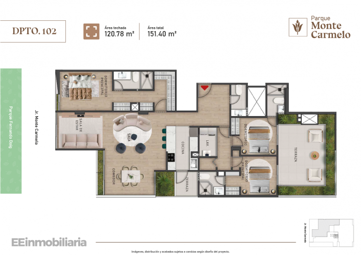 Plano del modelo Dpto. 102 del proyecto Parque Monte Carmelo en Santiago De Surco