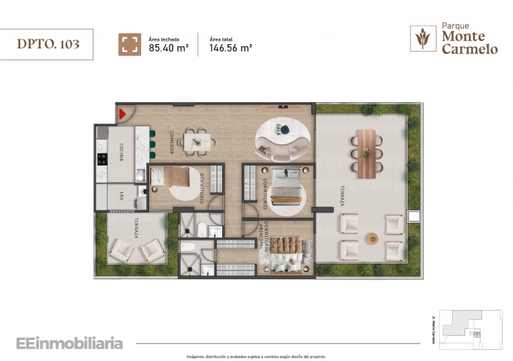 Plano del modelo Dpto. 103 del proyecto Parque Monte Carmelo en Santiago De Surco