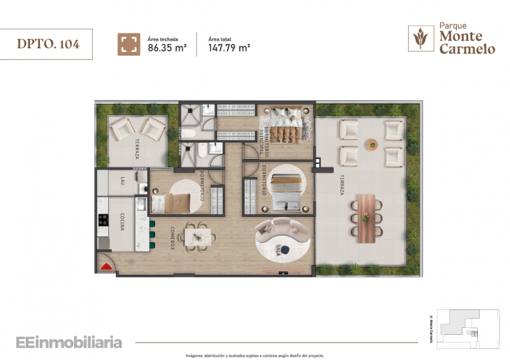 Plano del modelo Dpto. 104 del proyecto Parque Monte Carmelo en Santiago De Surco