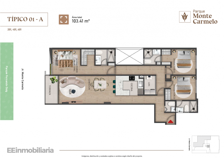 Plano del modelo Típico 1-A del proyecto Parque Monte Carmelo en Santiago De Surco