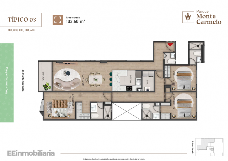 Plano del modelo Típico 3 del proyecto Parque Monte Carmelo en Santiago De Surco