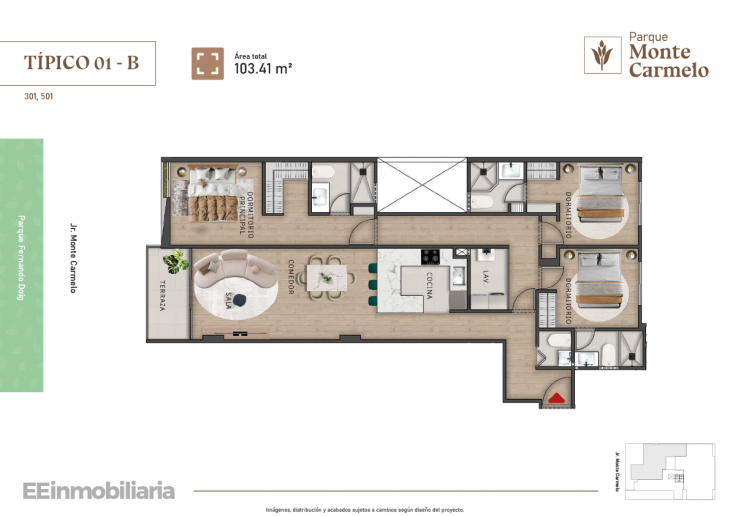 Plano del modelo Típico 1-B del proyecto Parque Monte Carmelo en Santiago De Surco