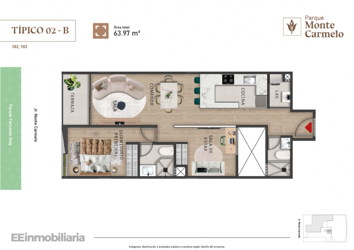 Plano del modelo Típico 2-B del proyecto Parque Monte Carmelo en Santiago De Surco