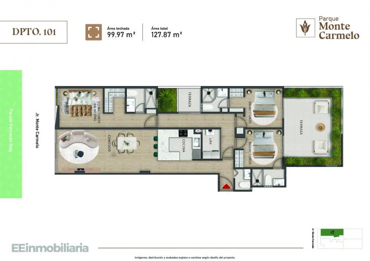 Plano del modelo Dpto. 101 del proyecto Parque Monte Carmelo en Santiago De Surco