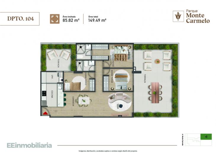 Plano del modelo Dpto. 104 del proyecto Parque Monte Carmelo en Santiago De Surco