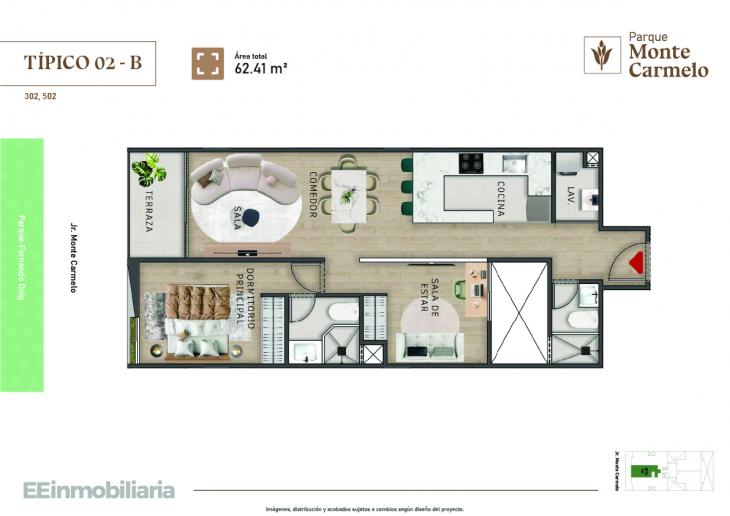 Plano del modelo Típico 2-B del proyecto Parque Monte Carmelo en Santiago De Surco