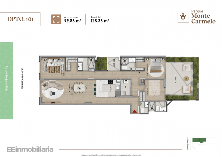 Plano del modelo Dpto. 101 del proyecto Parque Monte Carmelo en Santiago De Surco