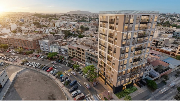 Fachada principal del proyecto Hub living en Santiago De Surco