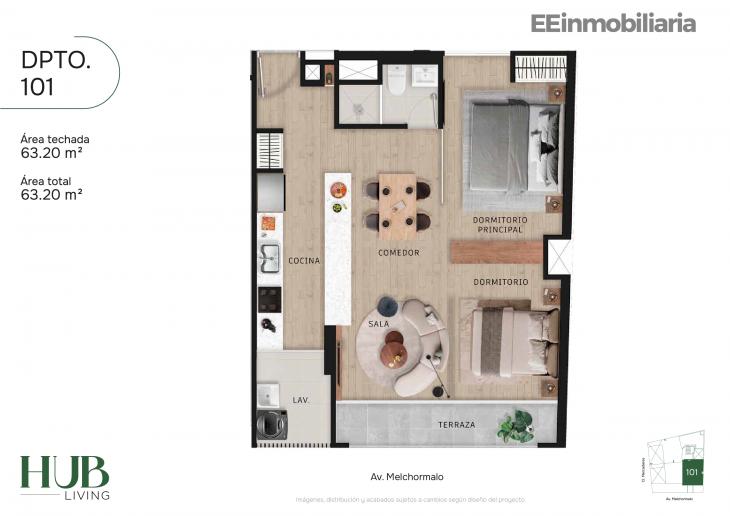 Plano del modelo Dpto. 101 del proyecto Hub living en Santiago De Surco