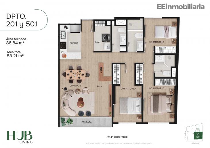 Plano del modelo Tipo 1-A del proyecto Hub living en Santiago De Surco