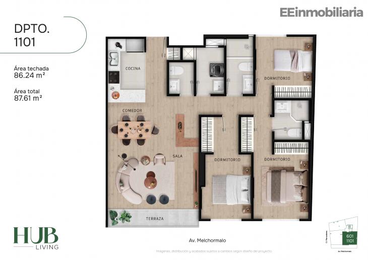 Plano del modelo Dpto. 1101 del proyecto Hub living en Santiago De Surco