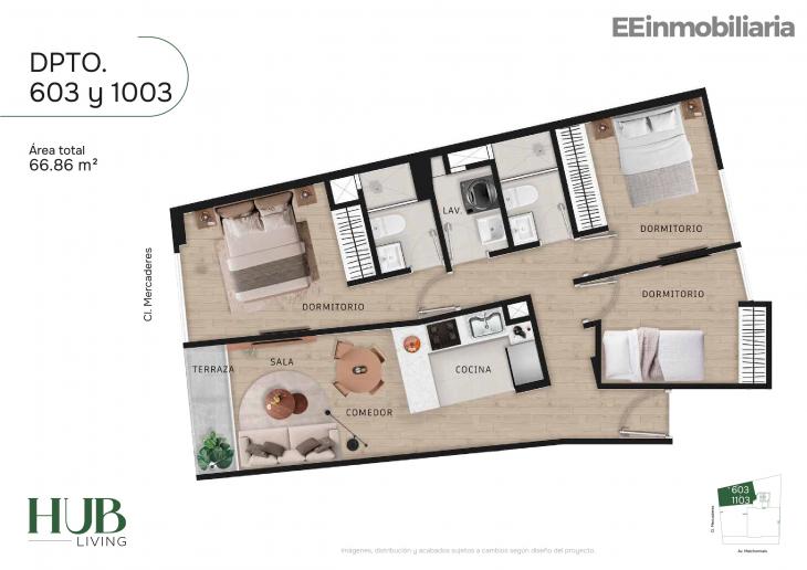 Plano del modelo Tipo 3-B del proyecto Hub living en Santiago De Surco